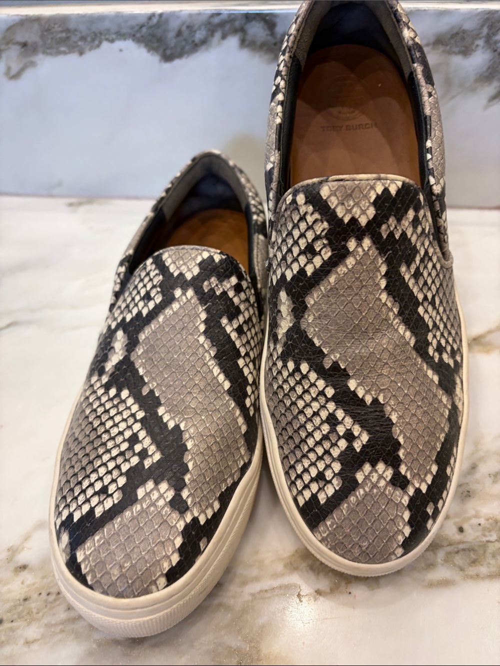 Tory Burch Women’s Snake-Print Slip-On Shoes in Beige and Black
